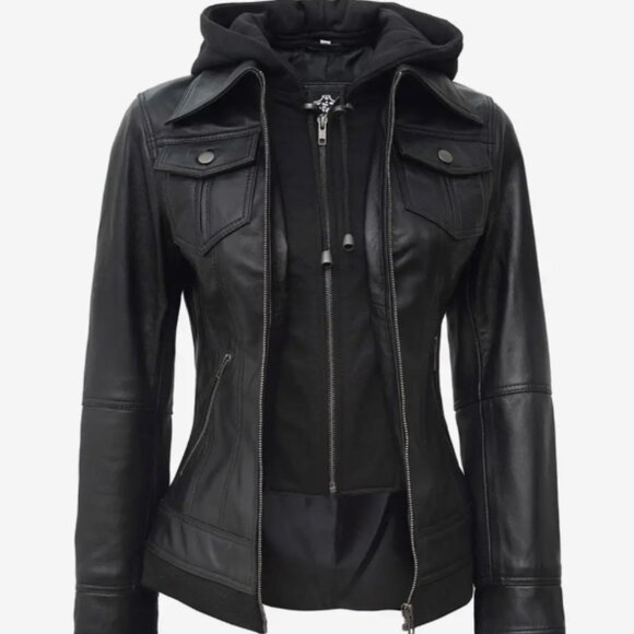 Black Bomber Leather Jacket with Removable Hood NEW Sz M - Picture 11 of 11